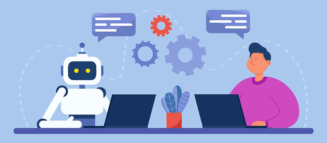 Man and robot with computers sitting together in workplace. Artificial intelligence workforce of future flat vector illustration. Friendship, AI, cooperation, digital technology concept for banner
